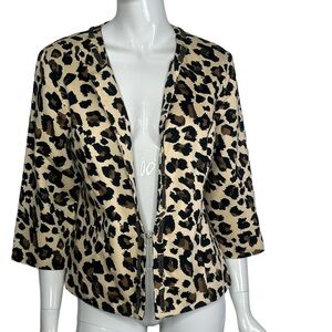 David Brooks Jacket Animal Print Open Front Women’s Large Ribbon Accents